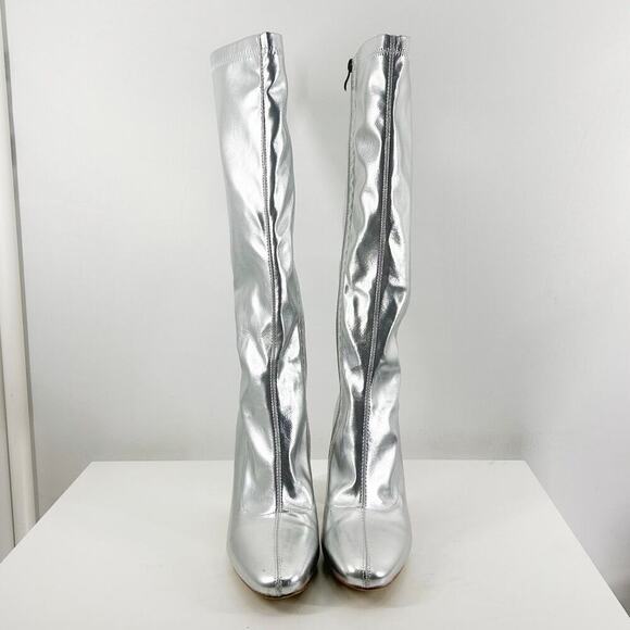 SIMMI LONDON TALULLA SILVER PATENT BLOCK HEEL KNEE HIGH BOOTS - Picture 4 of 6